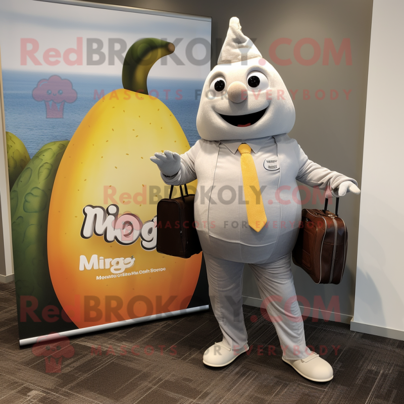 Silver Mango mascot costume character dressed with a Henley Tee and Briefcases