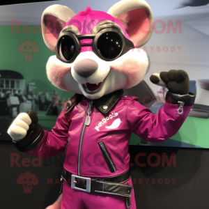 Magenta Dormouse mascot costume character dressed with a Biker Jacket and Brooches