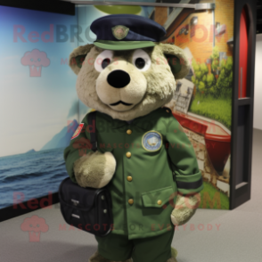 Green Navy Seal mascot costume character dressed with a Waistcoat and Handbags