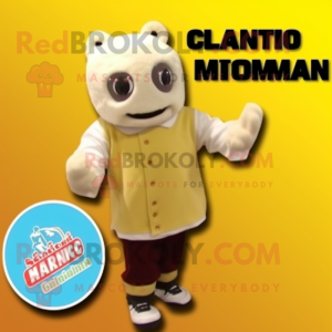 Cream Mango mascot costume character dressed with a Board Shorts and Gloves