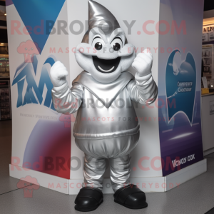 Silver Candy Box mascot costume character dressed with a V-Neck Tee and Gloves