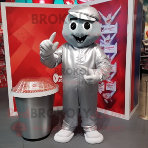 Silver Candy Box mascot costume character dressed with a V-Neck Tee and Gloves