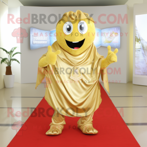 Gold Lasagna mascot costume character dressed with a T-Shirt and Shawl pins