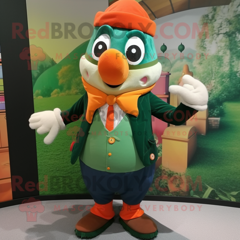 Forest Green Orange mascot costume character dressed with a Waistcoat and Shawl pins