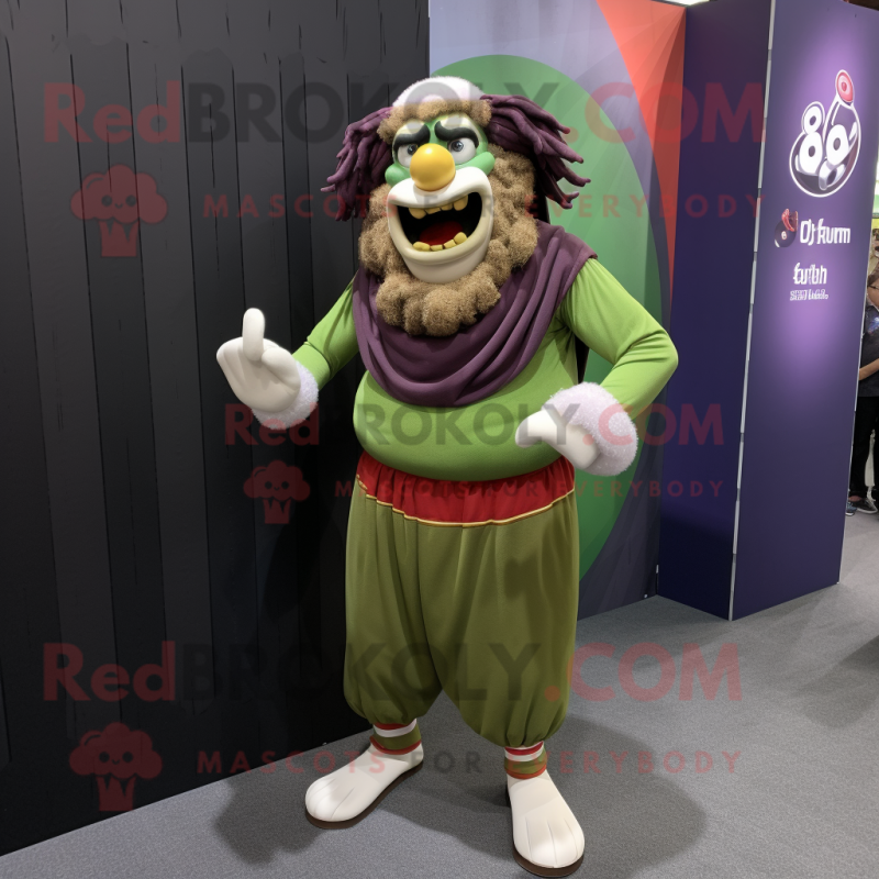 Olive Evil Clown mascot costume character dressed with a Board Shorts and Shawls