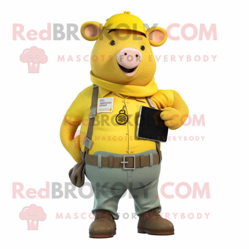 Yellow Sow mascot costume character dressed with a Cargo Pants and Digital watches