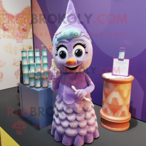 Lavender Scented Candle mascot costume character dressed with a Wrap Skirt and Earrings