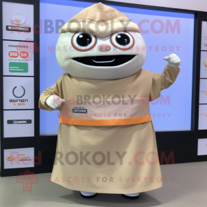 Tan Sushi mascot costume character dressed with a Empire Waist Dress and Digital watches