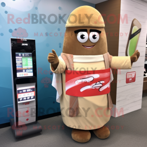 Tan Sushi mascot costume character dressed with a Empire Waist Dress and Digital watches