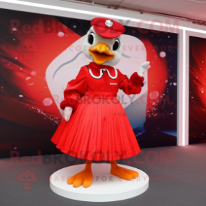 Red Geese mascot costume character dressed with a Midi Dress and Rings