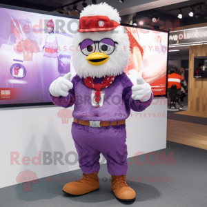 Purple Fried Chicken mascot costume character dressed with a Jeggings and Bracelets