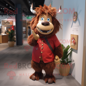 Red Yak mascot costume character dressed with a Denim Shorts and Cufflinks