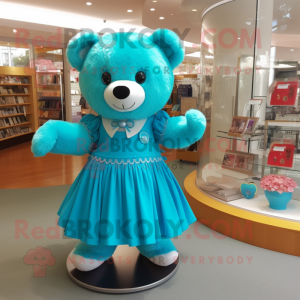 Turquoise Teddy Bear mascot costume character dressed with a Circle Skirt and Shoe clips