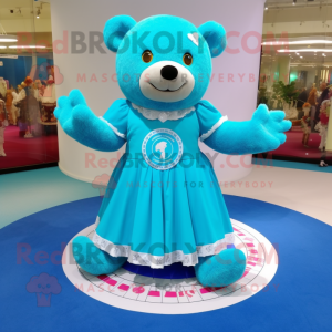 Turquoise Teddy Bear mascot costume character dressed with a Circle Skirt and Shoe clips