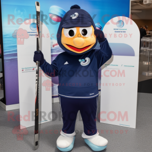 Navy Ice Hockey Stick mascot costume character dressed with a Yoga Pants and Beanies