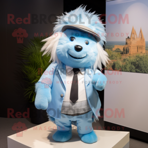 Sky Blue Porcupine mascot costume character dressed with a Dress Shirt and Hats