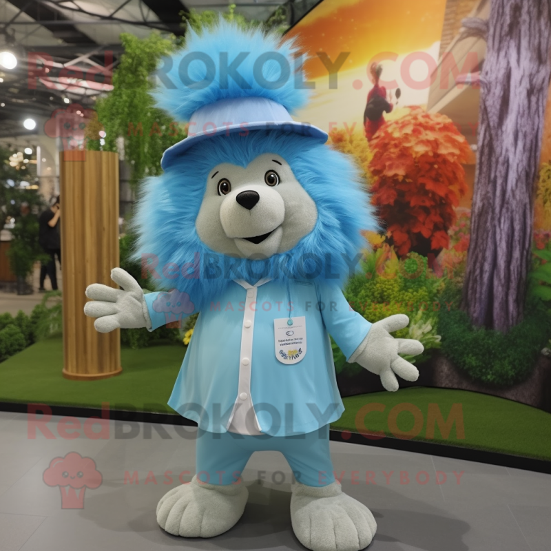 Sky Blue Porcupine mascot costume character dressed with a Dress Shirt and Hats