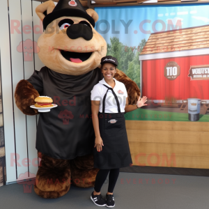 Black Pulled Pork Sandwich mascot costume character dressed with a Blouse and Watches