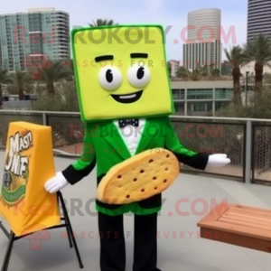 Lime Green Grilled Cheese Sandwich mascot costume character dressed with a Suit Jacket and Bow ties