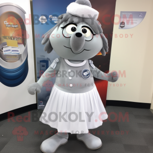 Gray Ice mascot costume character dressed with a A-Line Skirt and Lapel pins