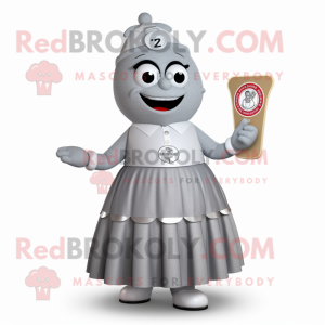 Gray Ice mascot costume character dressed with a A-Line Skirt and Lapel pins
