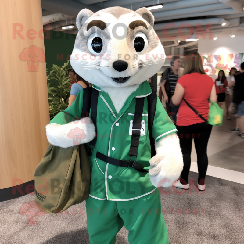 Forest Green Ferret mascot costume character dressed with a Button-Up Shirt and Tote bags