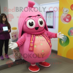 Pink Shakshuka mascot costume character dressed with a A-Line Dress and Bracelet watches