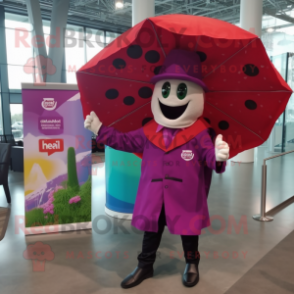 Magenta Pizza Slice mascot costume character dressed with a Raincoat and Ties