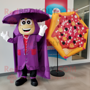 Magenta Pizza Slice mascot costume character dressed with a Raincoat and Ties