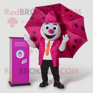 Magenta Pizza Slice mascot costume character dressed with a Raincoat and Ties