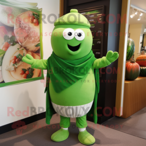 Forest Green Melon mascot costume character dressed with a Sweater and Scarves