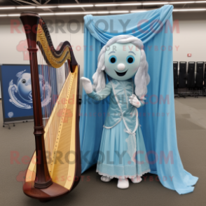 Sky Blue Celtic Harp mascot costume character dressed with a Ball Gown and Pocket squares