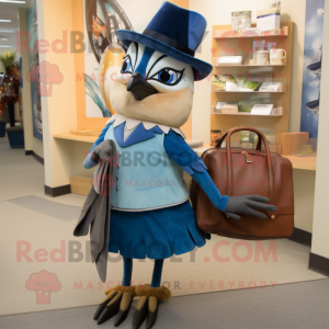 Tan Blue Jay mascot costume character dressed with a Skirt and Handbags