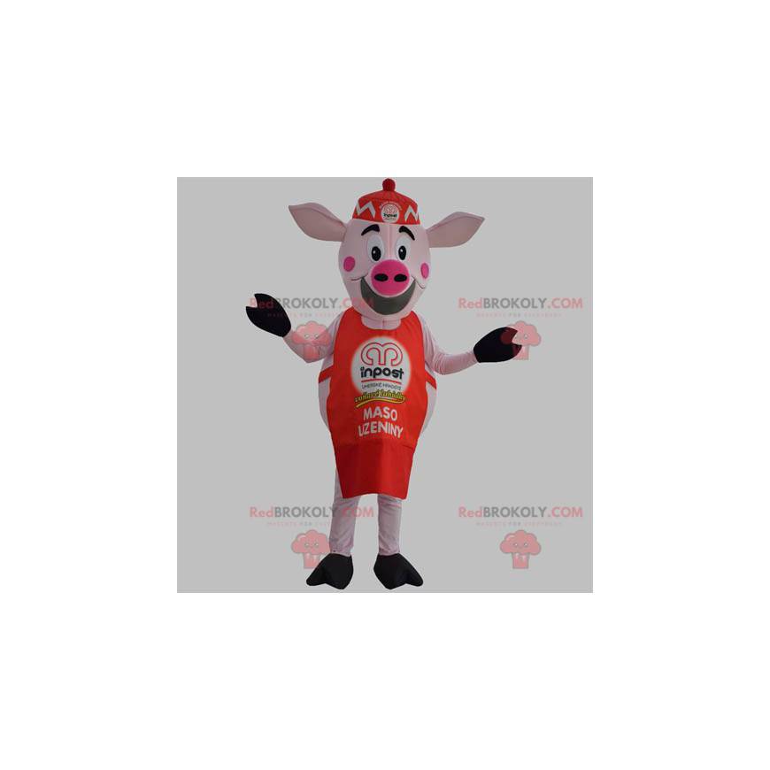 Mascotte de cochon rose avec un tablier rouge et un bonnet -