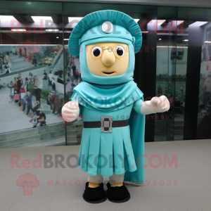 Cyan Roman Soldier mascot costume character dressed with a Empire Waist Dress and Shawl pins