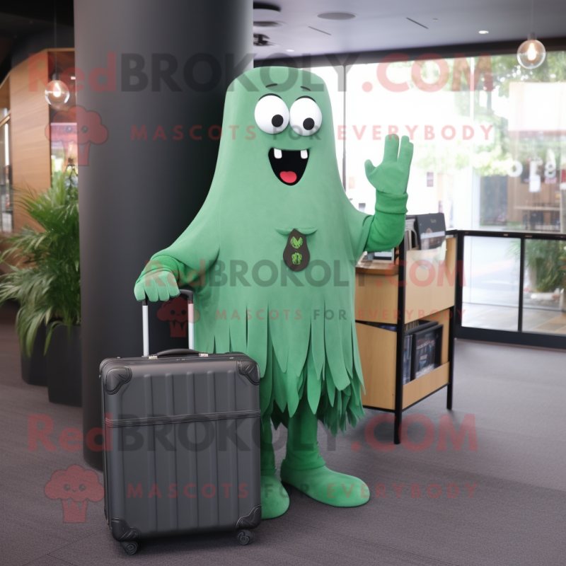 Forest Green Ghost mascot costume character dressed with a Cardigan and Briefcases