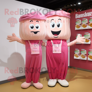 Pink Pesto Pasta mascot costume character dressed with a Dungarees and Clutch bags