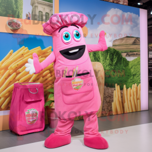 Pink Pesto Pasta mascot costume character dressed with a Dungarees and Clutch bags