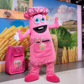 Pink Pesto Pasta mascot costume character dressed with a Dungarees and Clutch bags