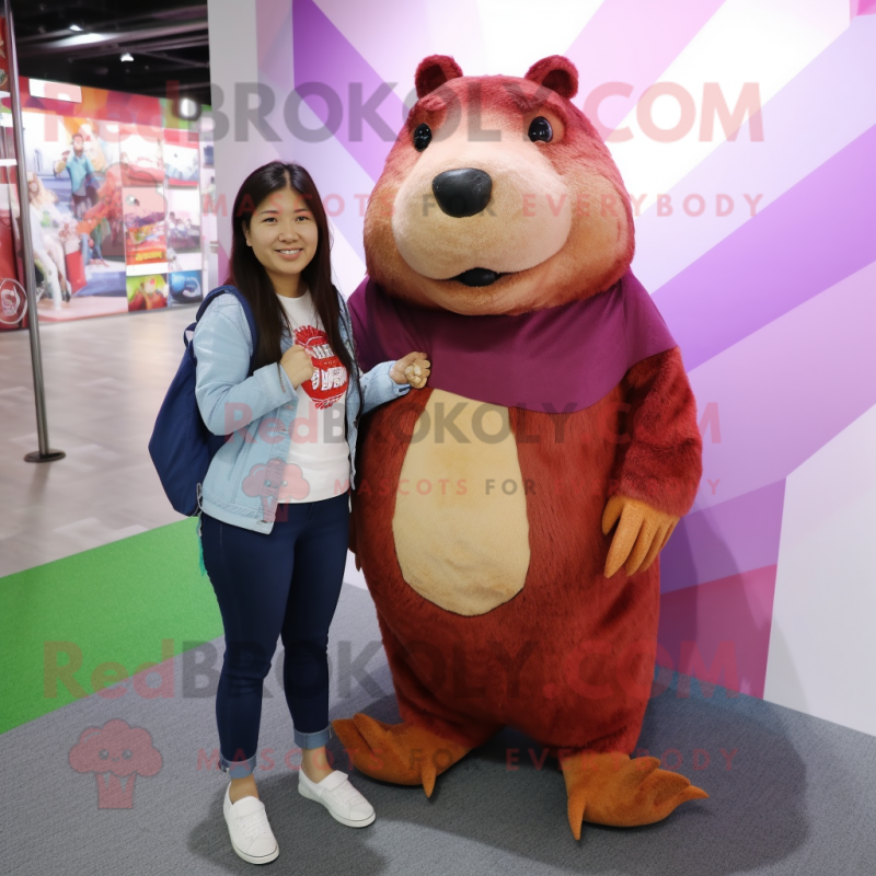 Maroon Capybara mascot costume character dressed with a Boyfriend Jeans and Hair clips