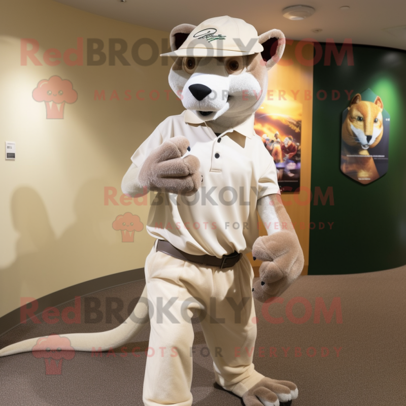 Cream Thylacosmilus mascot costume character dressed with a Long Sleeve Tee and Hat pins