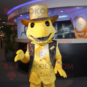 Gold Barracuda mascot costume character dressed with a Suit and Hats
