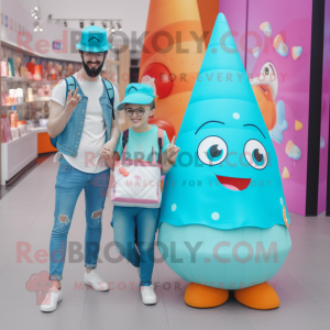 Cyan Ice Cream Cone mascot costume character dressed with a Boyfriend Jeans and Handbags