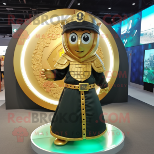 Gold Celtic Shield mascot costume character dressed with a Maxi Skirt and Berets