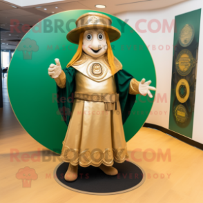 Gold Celtic Shield mascot costume character dressed with a Maxi Skirt and Berets