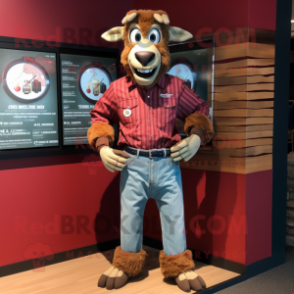 Maroon Goat mascot costume character dressed with a Denim Shirt and Bracelet watches