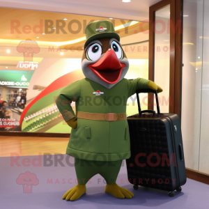 Olive Woodpecker mascot costume character dressed with a Rash Guard and Briefcases