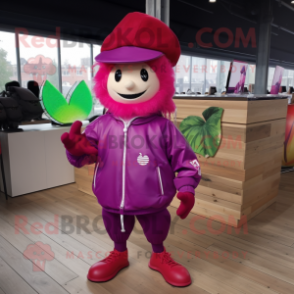 Magenta Apple mascot costume character dressed with a Windbreaker and Berets