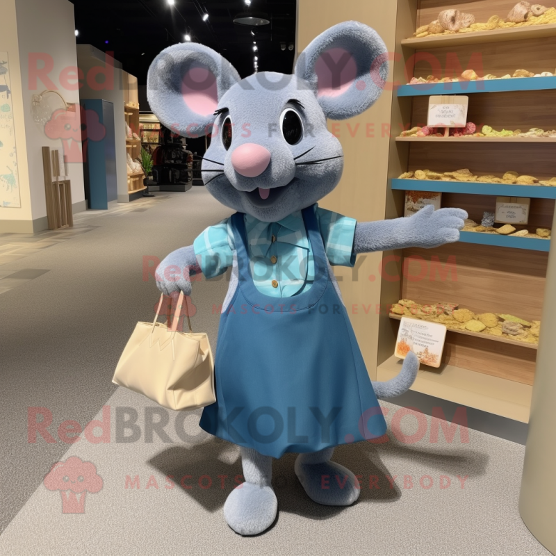 Blue Rat mascot costume character dressed with a Dress and Tote