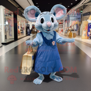 Blue Rat mascot costume character dressed with a Dress and Tote bags